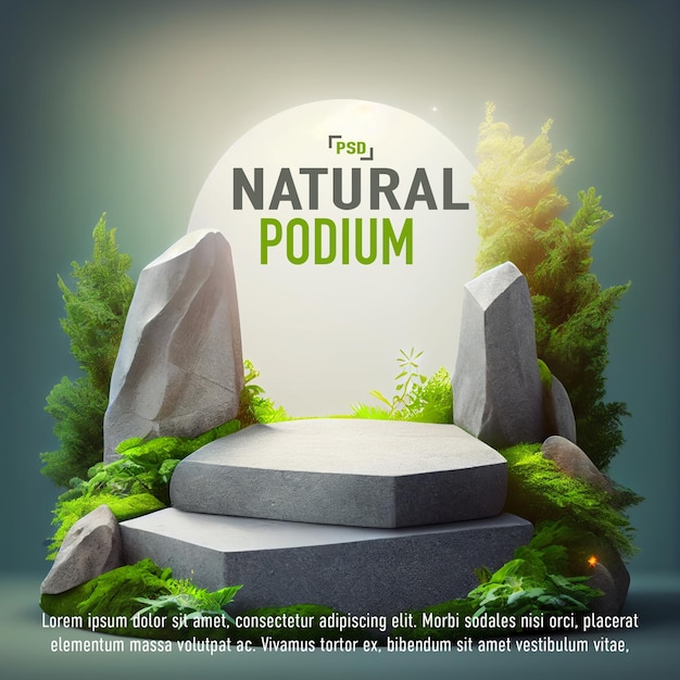 Stone podium or platform for product presentation display in the forest PSD Template