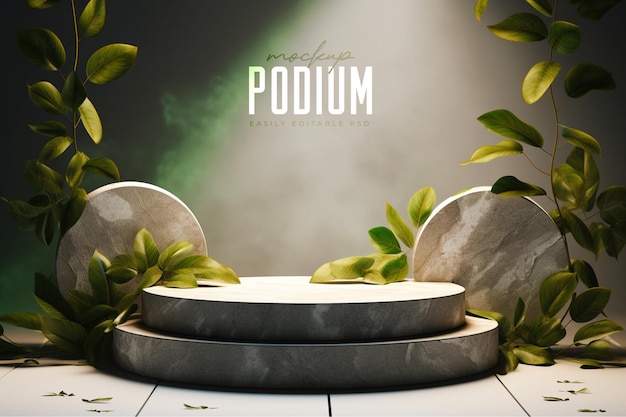 Stone podium stage mockup for product display with natural leaves and cinematic shadow effects