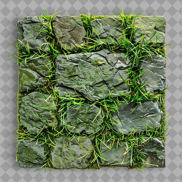 a stone wall with grass growing on it and a small stone wall