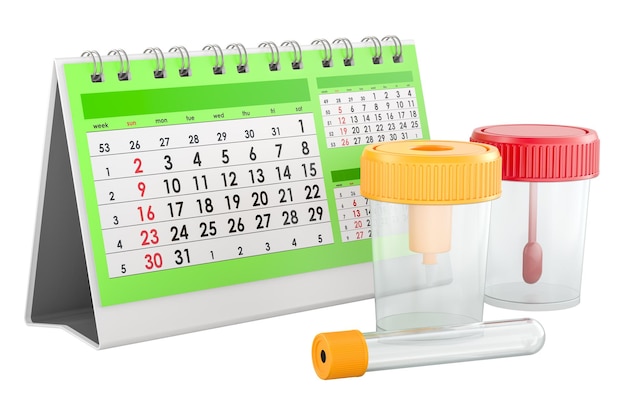 PSD stool and urine analysis concept desk calendar with containers for stool sample and urine 3d rendering isolated on transparent background