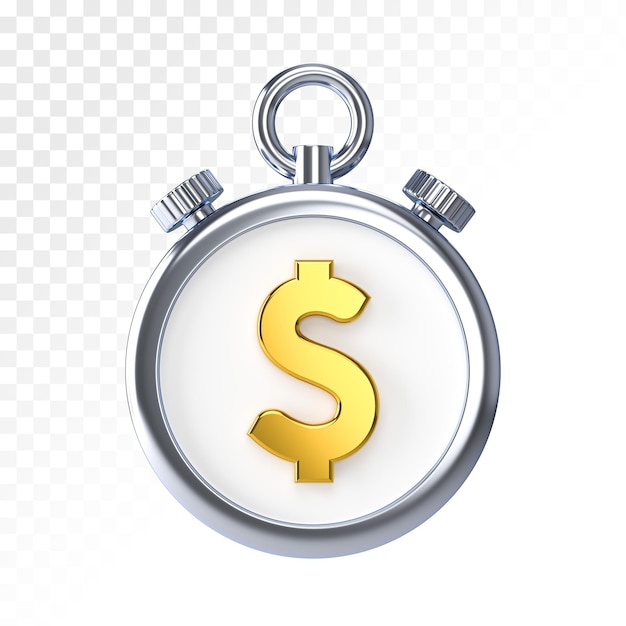 Stopwatch icon with dollar symbol on a white isolated background 3d render