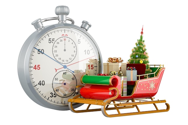 PSD stopwatch with christmas santa sleigh full of gifts and christmas tree christmas time concept 3d rendering isolated on transparent background