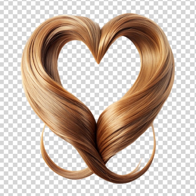 Strands of brown hair in shape of heart on transparent background