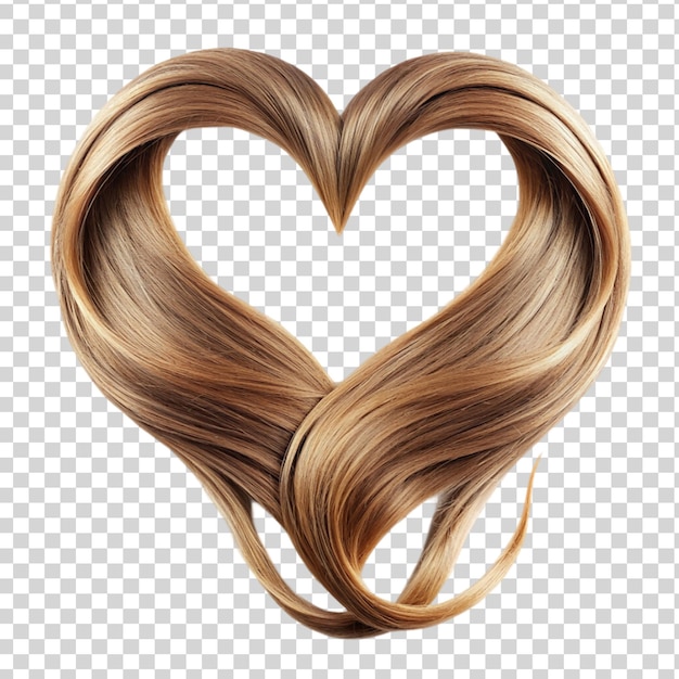 Strands of brown hair in shape of heart on transparent background