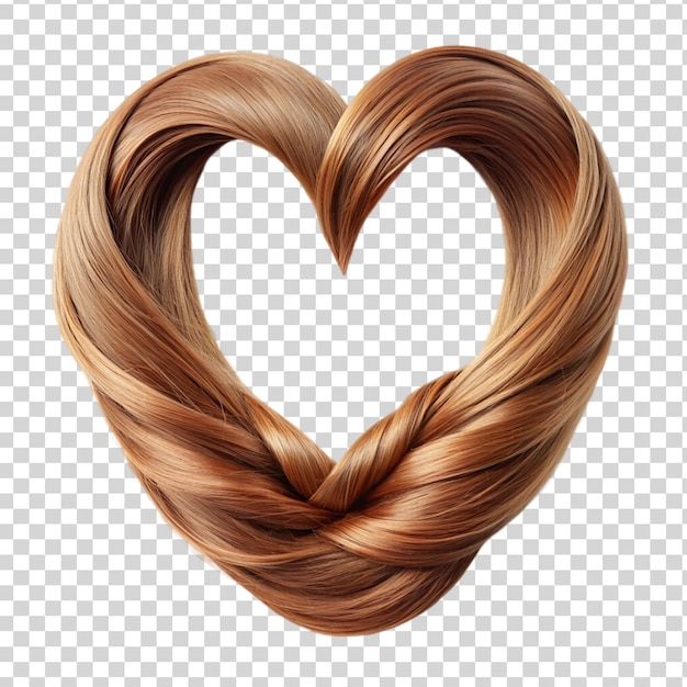 Strands of brown hair in shape of heart on transparent background