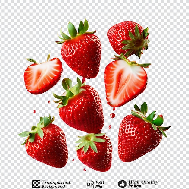 strawberries falling strawberry fruits whole and cut isolated on transparent background