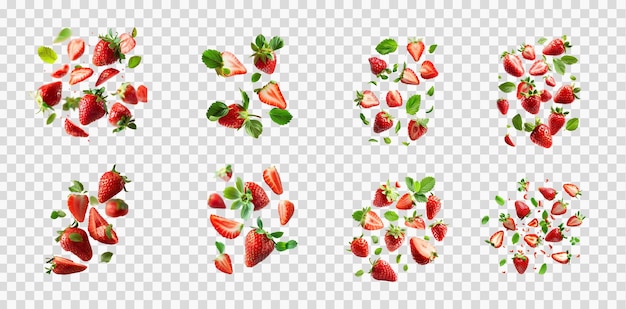 Strawberries with Half Slices Falling or Floating on Transparent Background