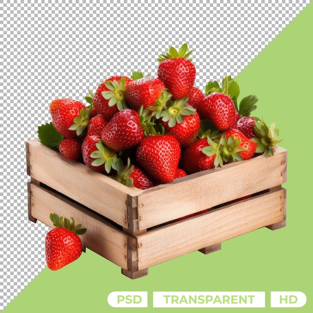 PSD strawberries in wooden crate isolated on transparent background