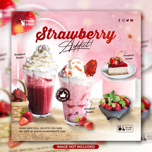 Strawberry addict drink social media post or flyer template