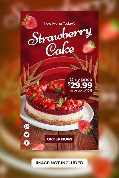 Strawberry cake menu promotion with social media instagram stories banner template