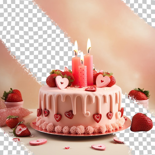 Strawberry cake with decorative elements on a transparent background suitable for various celebrations