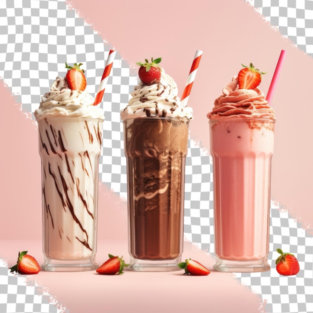 Strawberry chocolate and white milkshakes on a transparent background