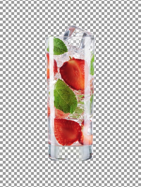 Strawberry cocktail drink with ice cubes on transparent background