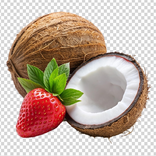 A strawberry in a coconut shell on transparent background