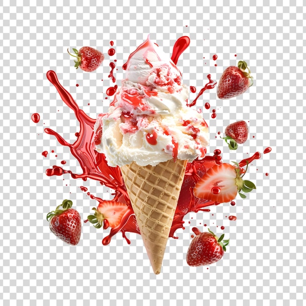 PSD strawberry cone ice cream with fresh berries and splash on a transparent background