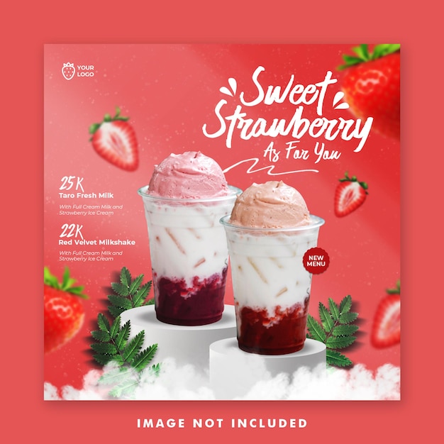 Strawberry Drink Menu Social Media Post Banner Instagram Template For Promotion