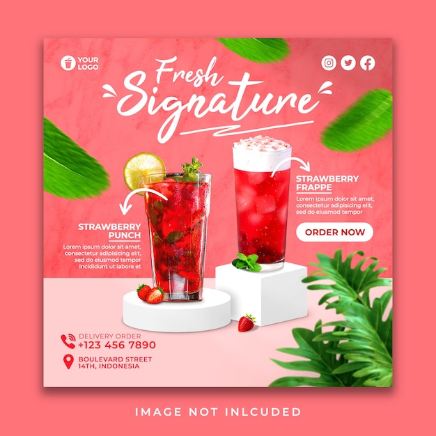 Strawberry Drinks Social Media Instagram Template Promotion For Cafe And Restaurant