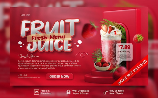 Strawberry fruit juice fresh drink menu with podium display post website banner template