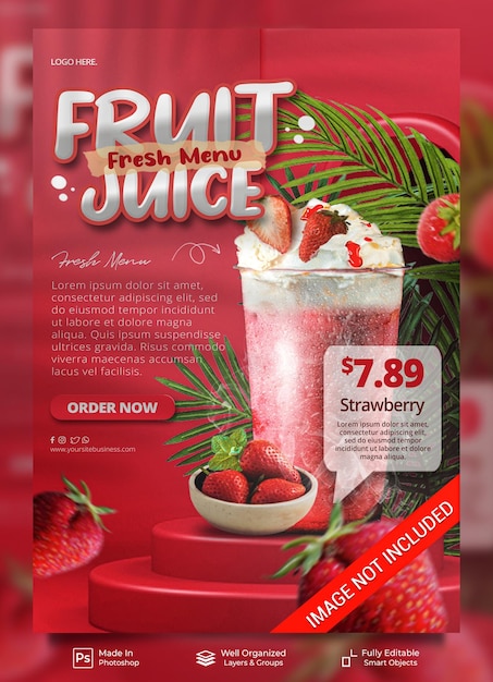 Strawberry fruit juice fresh drink menu with podium display for promo poster flyer banner template