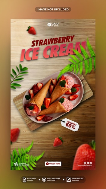 Strawberry ice cream social media post story template