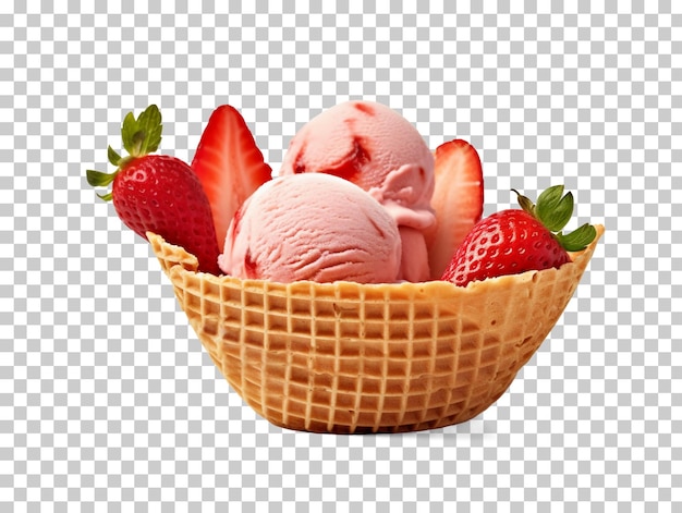 Strawberry ice cream in waffle basket isolated on transparent background png psd