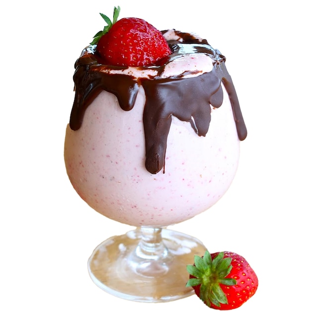 a strawberry ice cream with chocolate sauce and strawberries on a glass stand