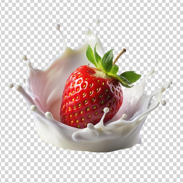 Strawberry in milk splash on transparent background