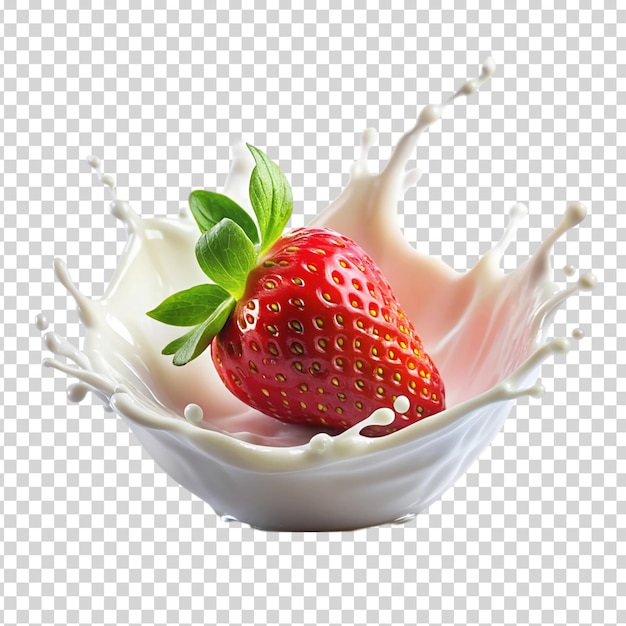 Strawberry in milk splash on transparent background