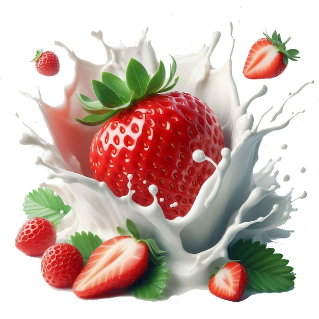 Strawberry with milk splash isolated on transparent background