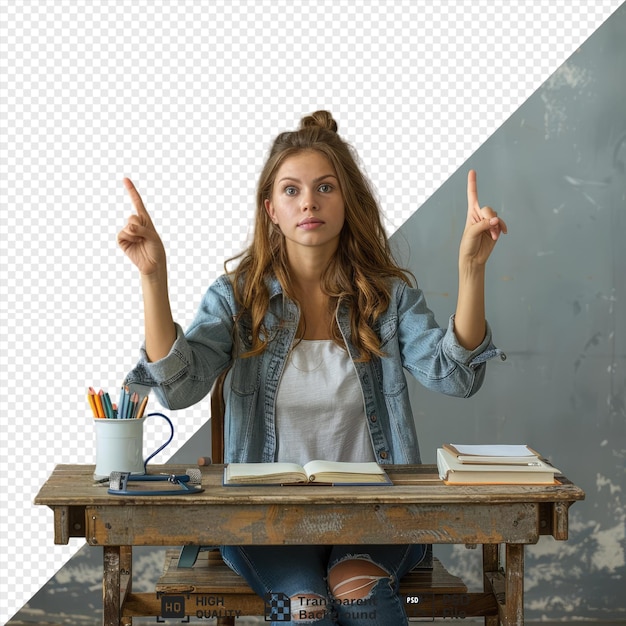 PSD strict points up young female teacher sitting desk with school tools classroom background surrounded by books and a blue wall she wears a blue jacket white shirt and blue jeans with long