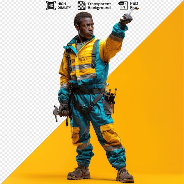 strict young african american builder uniform holding and points open end wrench on yellow background wearing blue pants black belt and blue glove with black and brown hair