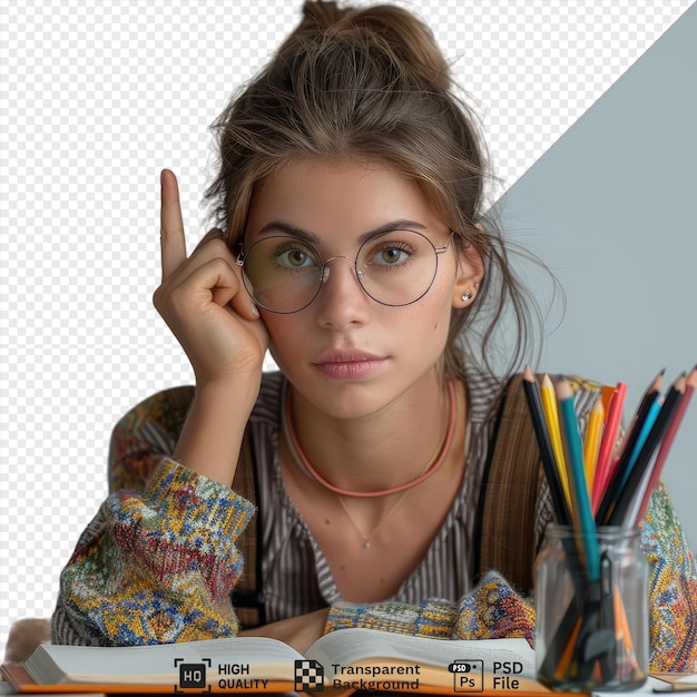 strict young female teacher wearing glasses holding and points book sitting desk with school tools classroom in the background