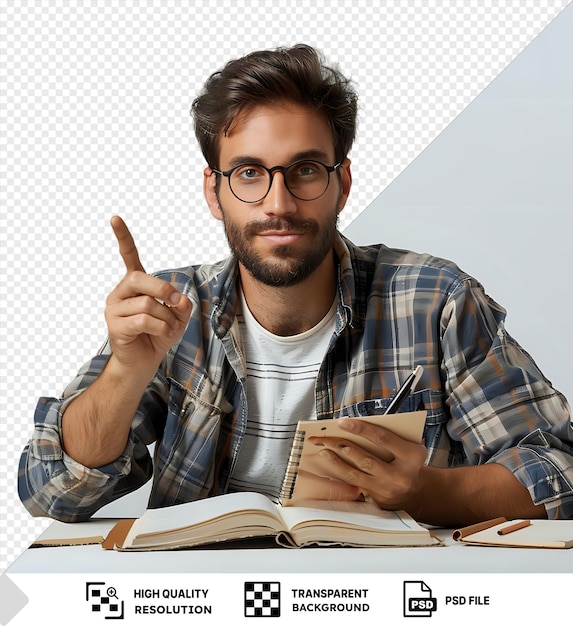 PSD strict young male teacher holding and points atnotebook sitting desk with school tools classroom in background