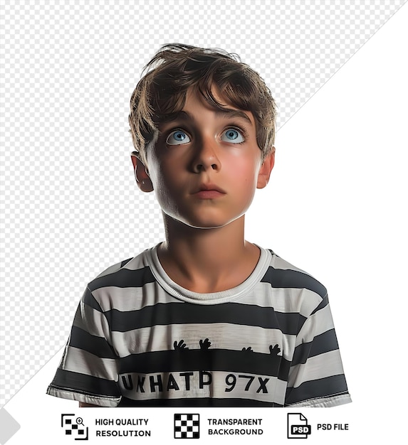 A striking image of a boy with blue eyes and a Its a Boy striped shirt against a white wall