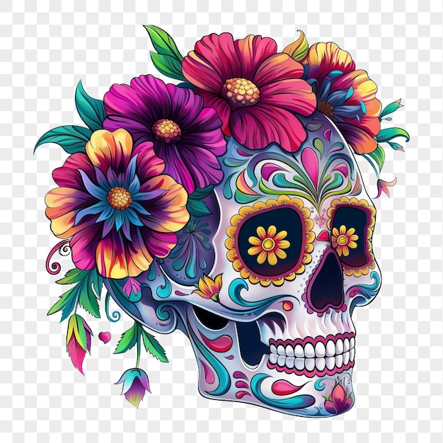 Striking sugar skull with flower isolated on transparent background