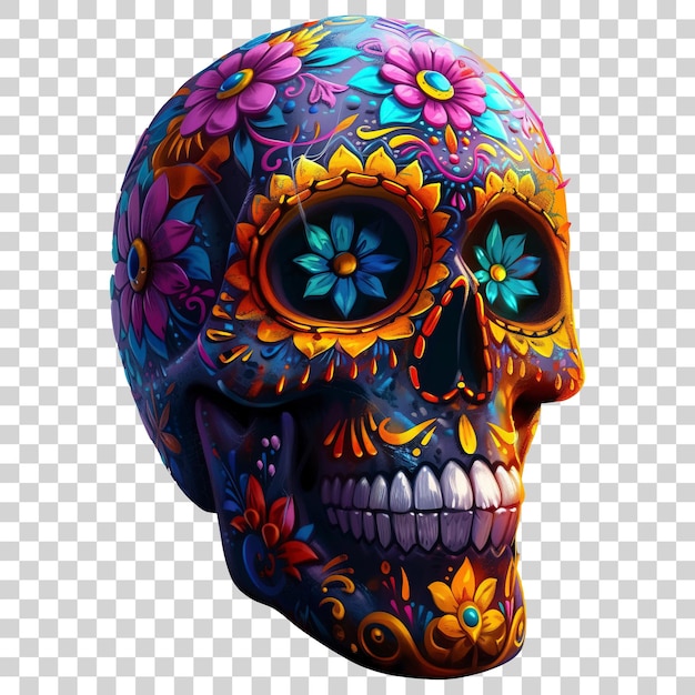 Striking sugar skull with flower isolated on transparent background