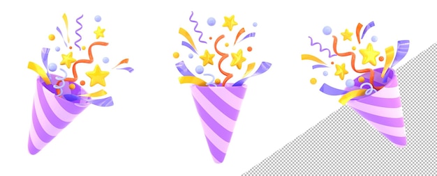 Striped firecracker with flying confetti front and angle view Cartoon 3d render set of party popper with purple ribbon spirals and golden stars isolated cracker birthday surprise 3D illustration