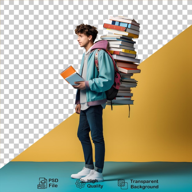 Student carrying stack of books isolated on transparent background include png file