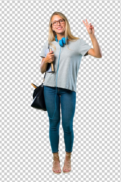 Student girl with glasses smiling and showing victory sign with both hands and with a cheerful face