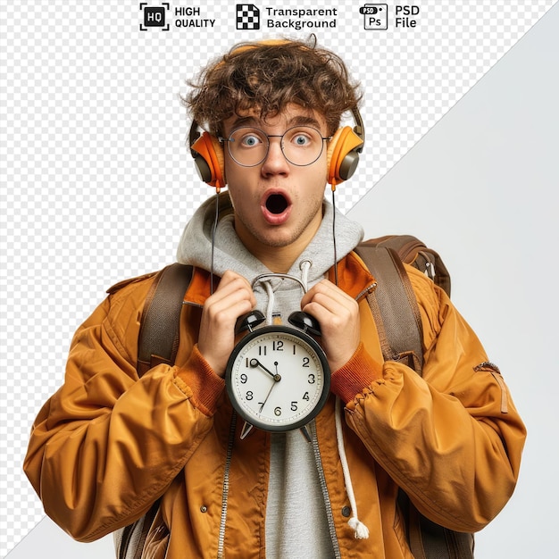 PSD student man casual clothes wearing glasses with headphones holding alarm clock and arrow looking camera being offended blowing cheeks standing in front of white wall