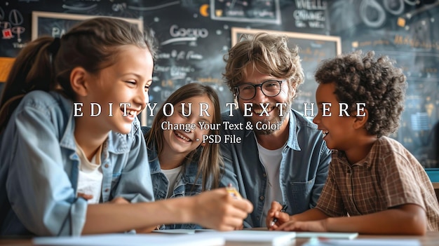 student standing at table against the background of blackboard