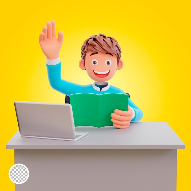 student waving hand, 3d illustration chartoon character cute boy