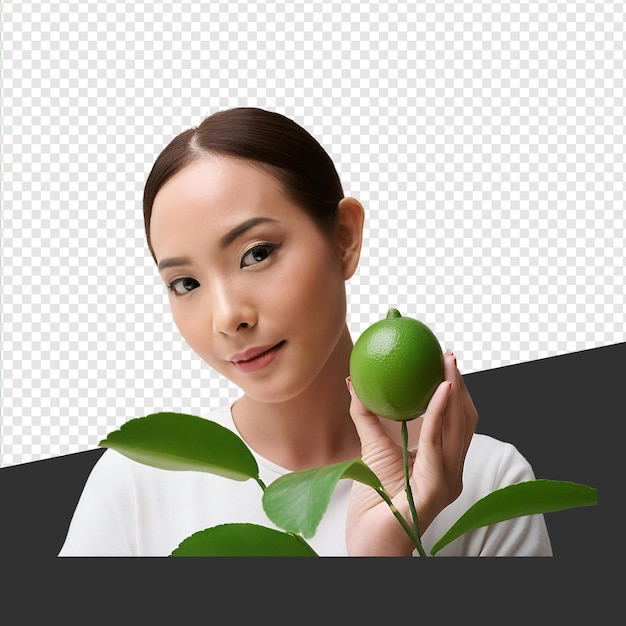 PSD studio portrait of girl holding lemon transparent background png