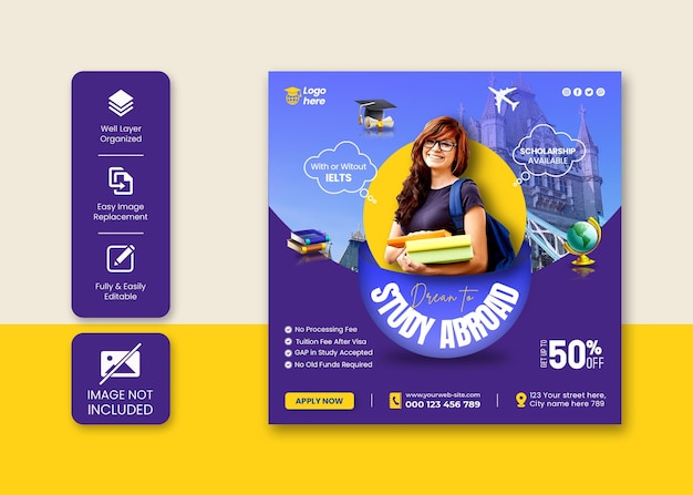 Study abroad education Instagram post or social media post banner template design