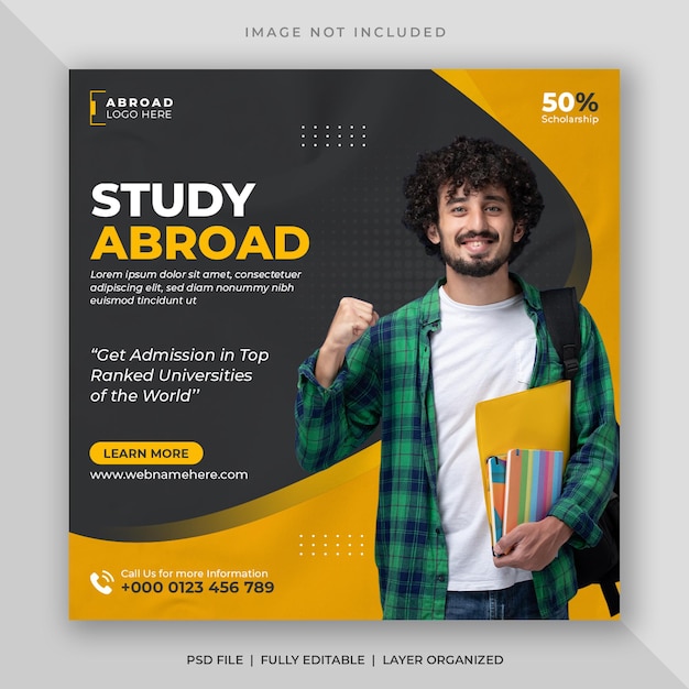 Study abroad social media post or education instagram banner square flyer template