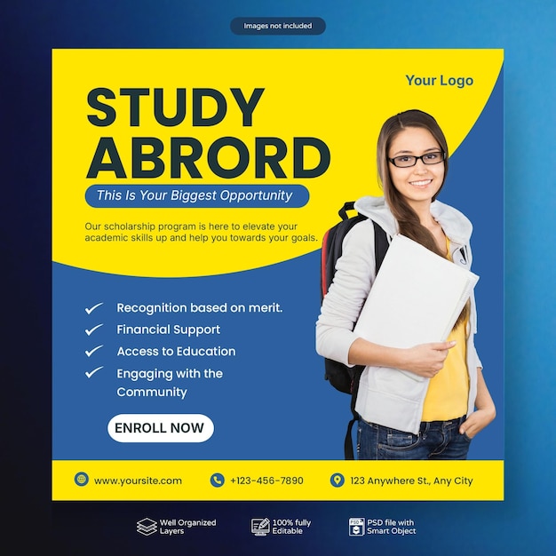 PSD study abroad social media post or education instagram banner square flyer template