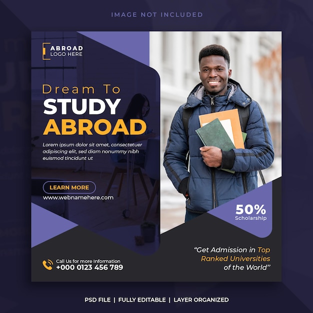 Study abroad social media post or higher education instagram web banner square flyer template