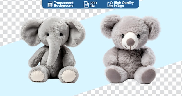 Stuffed animal toy set of elephant and coala in 3D Cartoon illustration