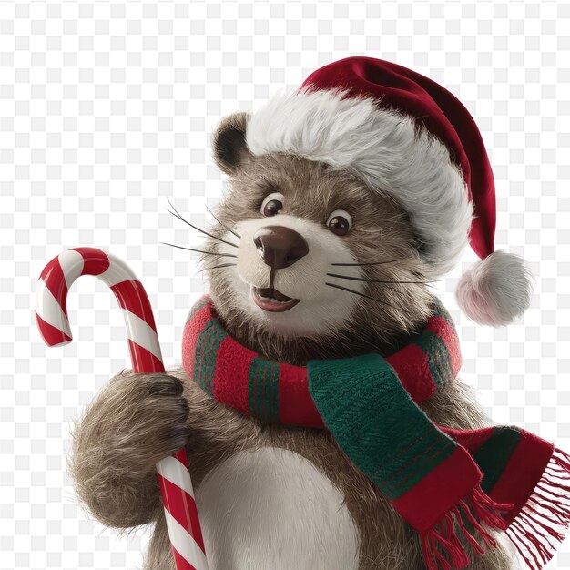 PSD a stuffed animal wearing a santa hat and holding a candy cane