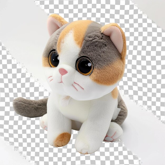 a stuffed cat that is sitting on a white surface